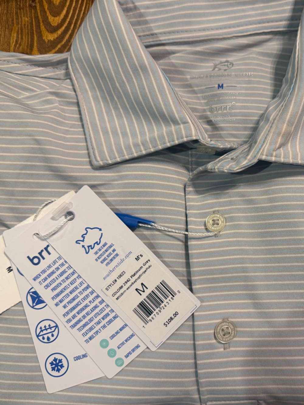 Southern Tide Light Blue, Grey and White striped polo shirt - M